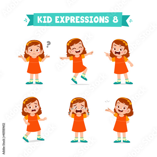 cute little kid girl in various expressions and gesture set
