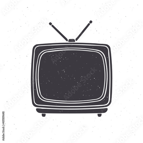 Silhouette of analogue retro TV with antenna and plastic body. Vector illustration. Television box for news and show translation. Isolated white background