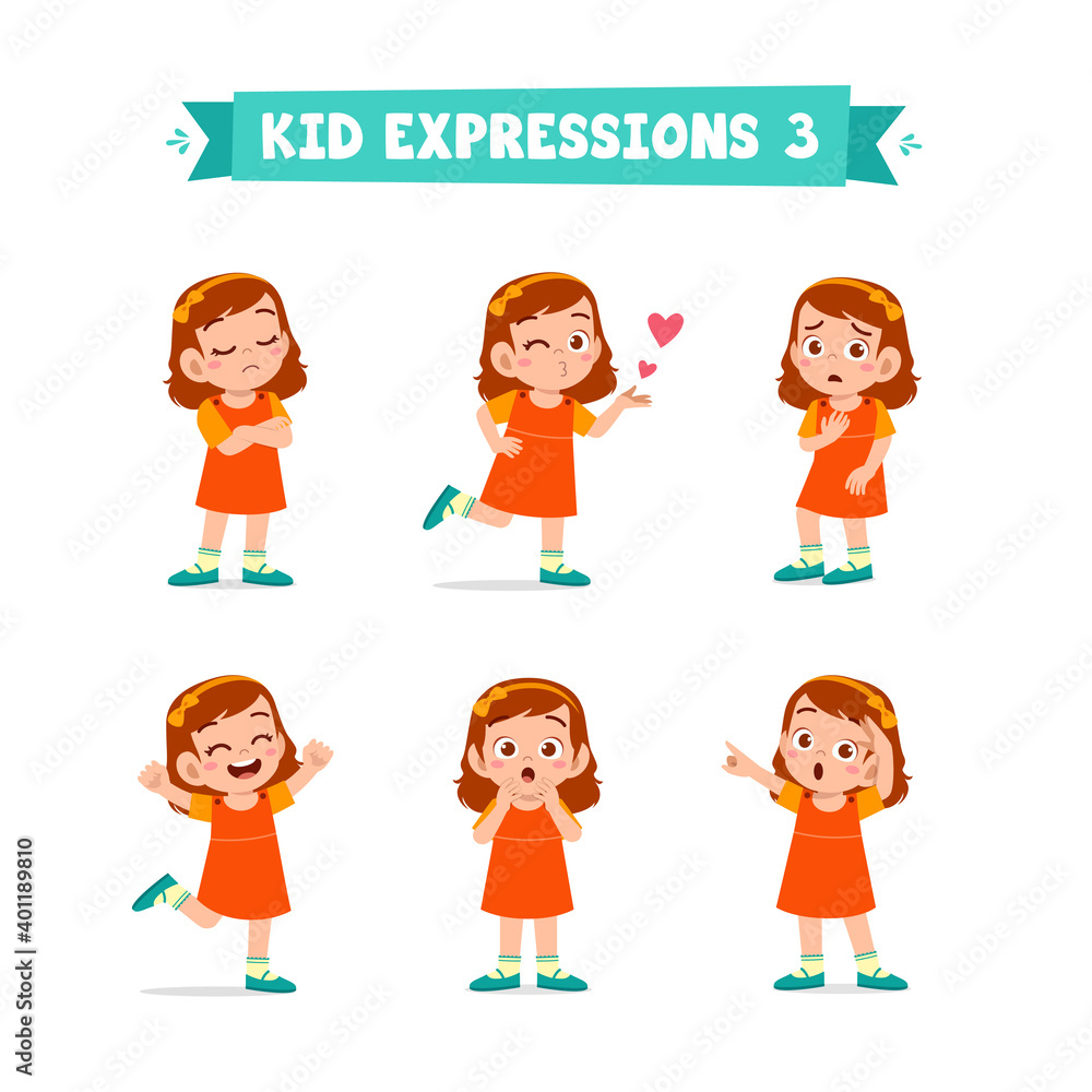cute little kid girl in various expressions and gesture set cute little kid girl in various expressions and gesture set