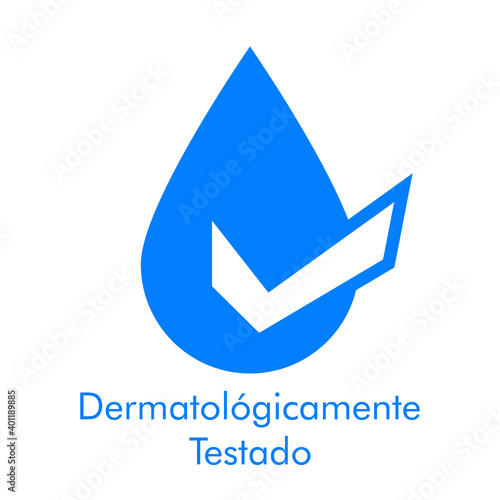 Logotipo con texto Dermatológicamente Testado en español con silueta de gota con símbolo aprobado en color azul
