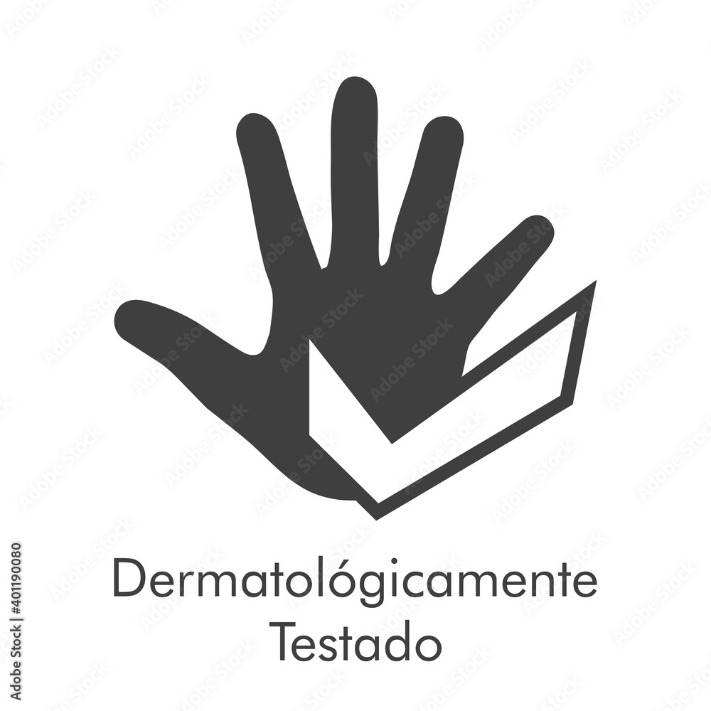 Fototapeta premium Logotipo con texto Dermatológicamente Testado en español con silueta de mano con símbolo aprobado en color gris