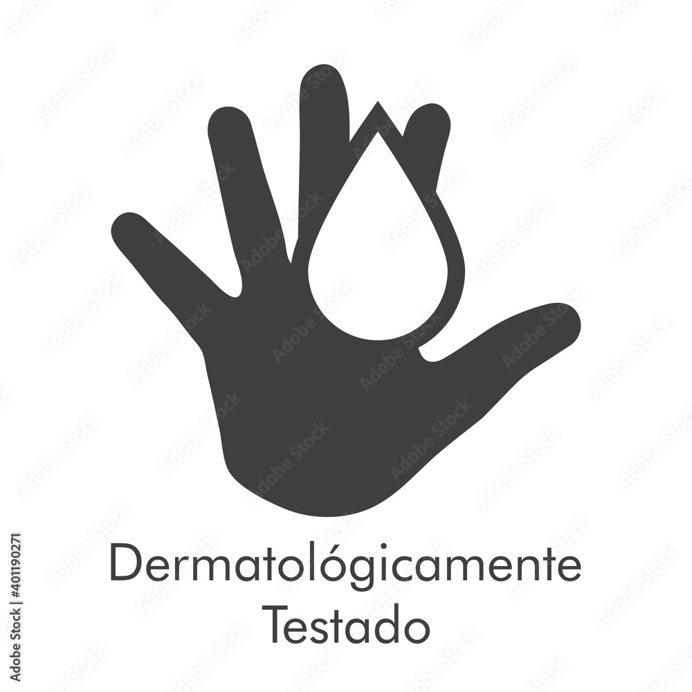 Fototapeta premium Logotipo con texto Dermatológicamente Testado en español con silueta de mano con gota en color gris