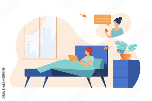 Woman chatting with female friend online at home. Lying in bed, using laptop, day flat vector illustration. Communication, distance work concept for banner, website design or landing web page
