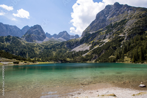 Panorama of mountain lake Seebensee in Tirol, Austria