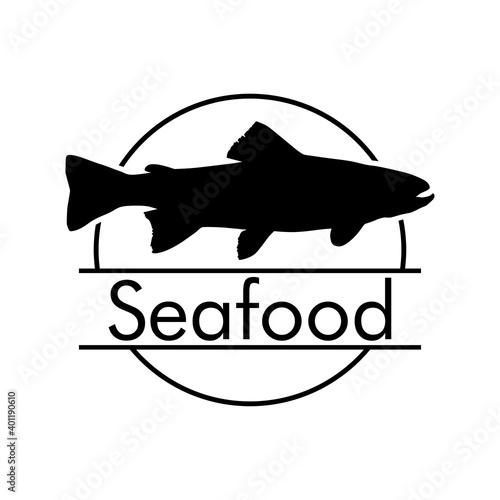 Logotipo con texto Seafood con silueta de trucha o salmón en círculo con lineas en color negro