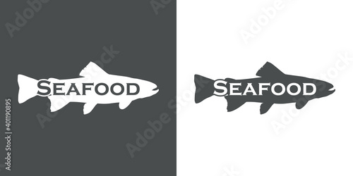 Logotipo con texto Seafood en silueta de trucha o salmón en fondo gris y fondo blanco
