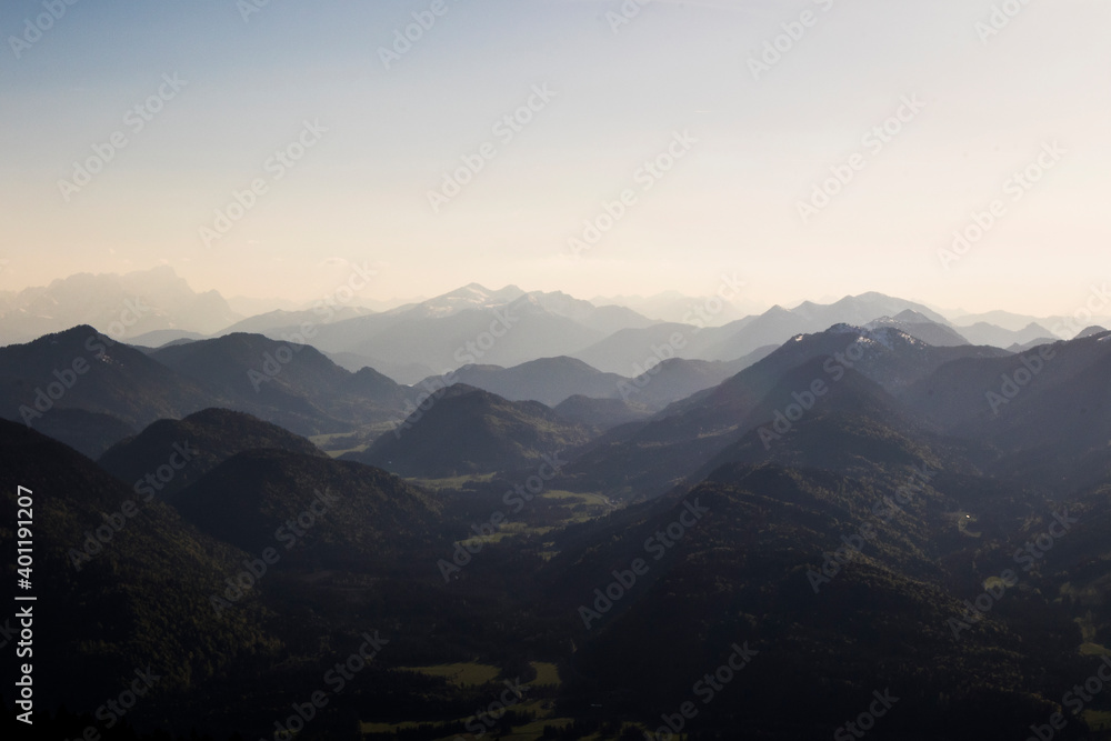 Mountain panorama at Seekarkreuz mountain in Bavaria, Germany, springtime