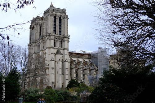 The left side of the cathedral Notre Dame de Paris during repairs. 21th december 2020.