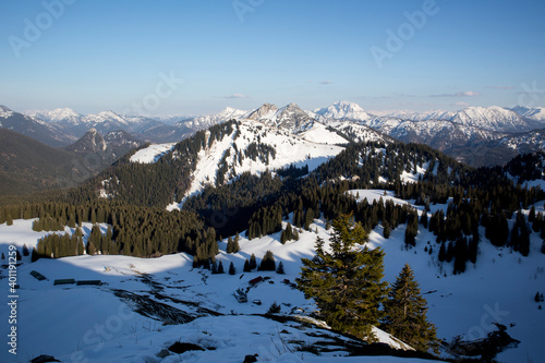 Mountain panorama at Seekarkreuz mountain in Bavaria, Germany, wintertime