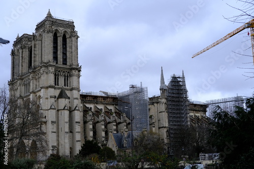 The left side of the cathedral Notre Dame de Paris during repairs. 21th december 2020.