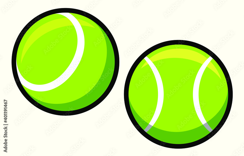 Two tennis balls from different angles. Simple cartoon illustration of sports equipment. Green balls with shadow and light. Icon and logo for fitness tournament, championship or competition.