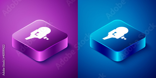 Isometric Retro cinema camera icon isolated on blue and purple background. Video camera. Movie sign. Film projector. Square button. Vector Illustration.