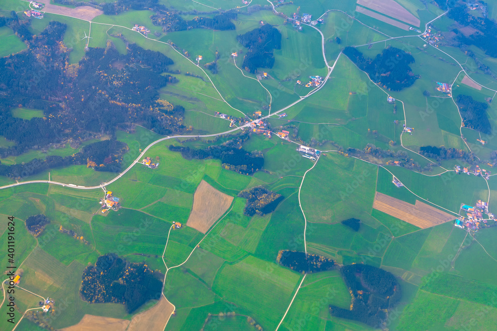 Fototapeta premium Aerial View of Green Meadows . Green Countryside Drone View 