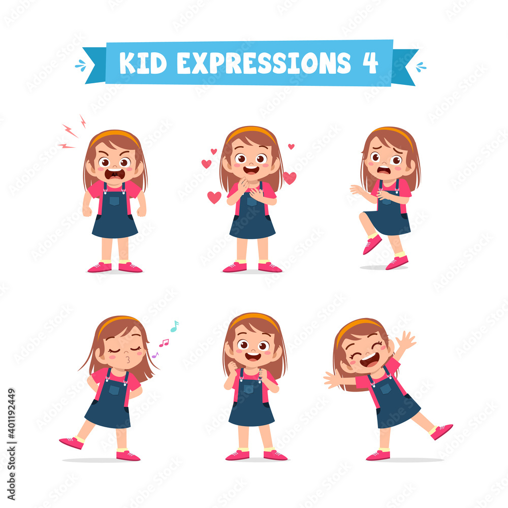cute little kid girl in various expressions and gesture set cute little kid girl in various expressions and gesture set