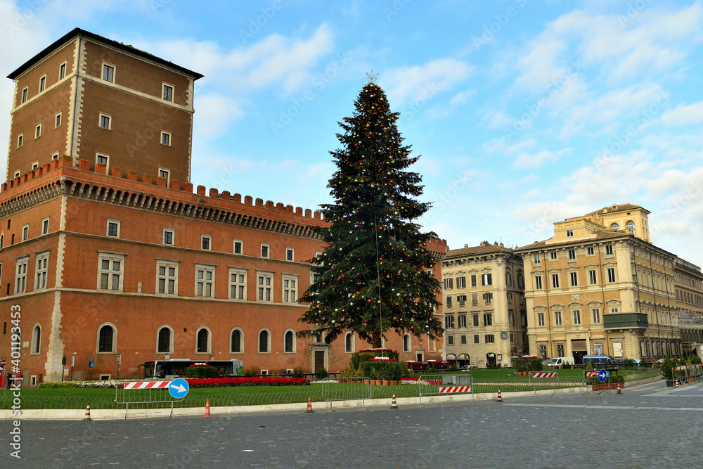View of the famous Christmas tree in Piazza Venezia