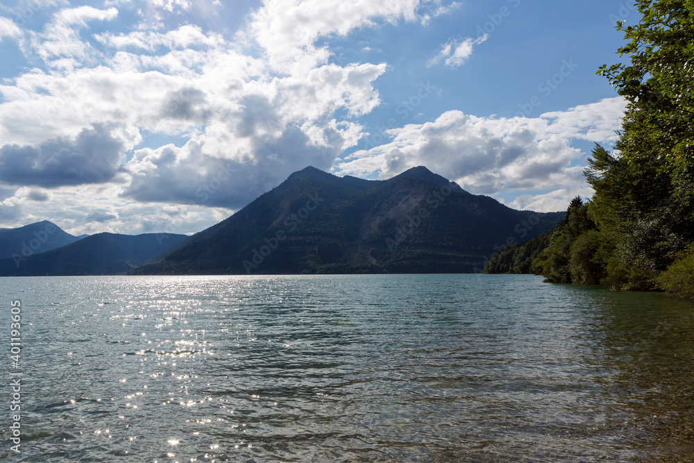 Lake Walchensee and mountain panorama Herzogstand mountain in Bavaria, Germany