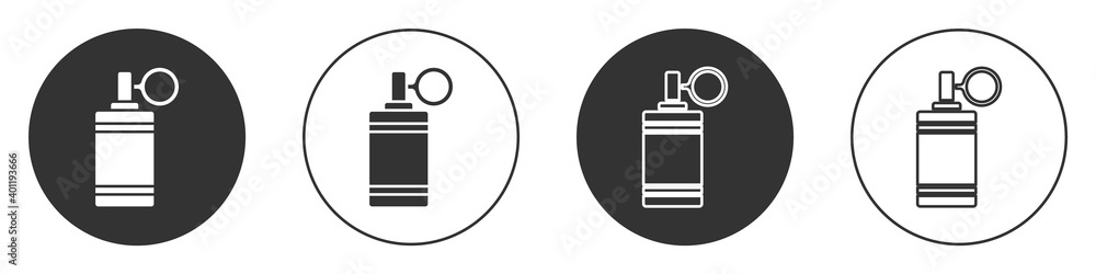 Black Hand grenade icon isolated on white background. Bomb explosion. Circle button. Vector. Black Hand grenade icon isolated on white background. Bomb explosion. Circle button. Vector.