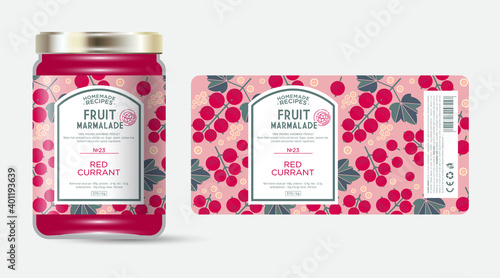 Label and packaging of red currant marmalade. Jar with label. Text in frame with stamp (sugar free) on seamless pattern with berries, flowers and leaves.