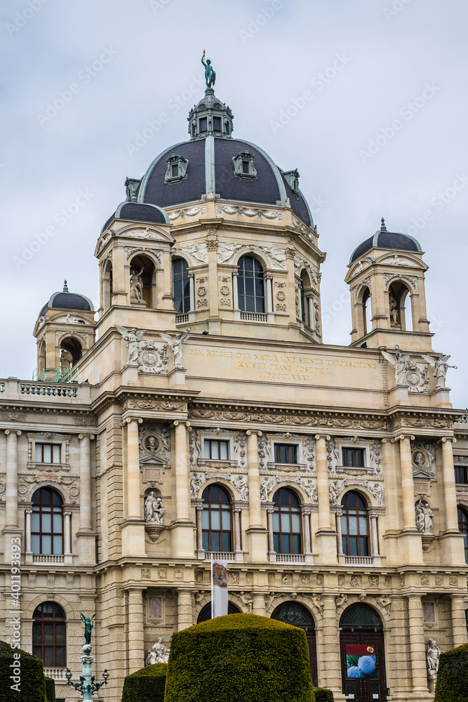 Architectural details of famous Museum of Natural History (Naturhistorisches Museum, 1889) in Vienna, Austria. Museum earliest collections of artifacts begun over 250 years ago.