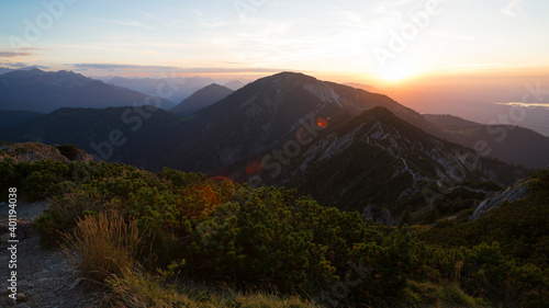 Sunset mountain panorama view from Heimgarten mountain in Bavaria, Germany