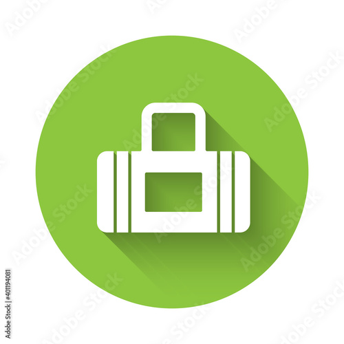 White Sport bag icon isolated with long shadow. Green circle button. Vector.