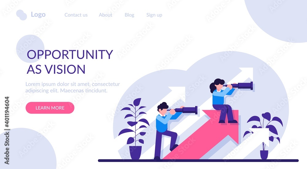 Business opportunities as vision, chances. Visionary entrepreneur anticipating new trends. Professional ambitions, company development plans, searching innovation. Modern flat illustration.