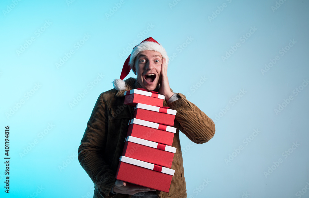 Obraz premium Merry Christmas holiday man fun lifestyle. Emotion. Funny photo. Christmas. Fun. Holidays. 