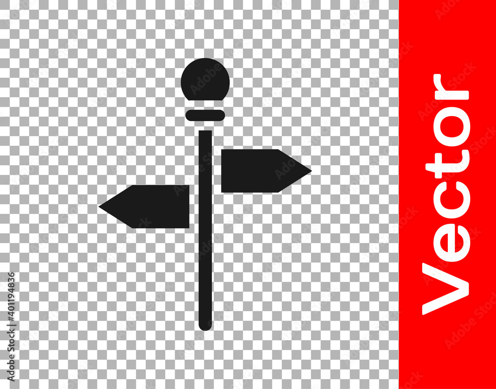 Black Road traffic sign. Signpost icon isolated on transparent background. Pointer symbol. Street information sign. Direction sign. Vector. Black Road traffic sign. Signpost icon isolated on transparent background. Pointer symbol. Street information sign. Direction sign. Vector.