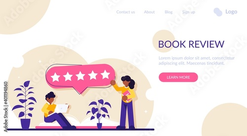 Book review concept. Readers give the highest rating. Five stars for quality. Modern flat illustration.