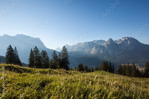 Mountain view Zugspitze and Ehrwalder Sonnenspitz mountains, Tyrol, Austria