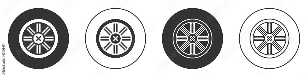 Black Old wooden wheel icon isolated on white background. Circle button. Vector. Black Old wooden wheel icon isolated on white background. Circle button. Vector.
