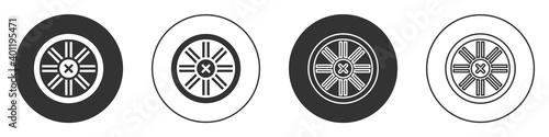 Black Old wooden wheel icon isolated on white background. Circle button. Vector.