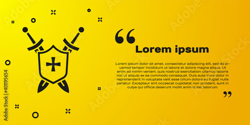 Black Medieval shield with crossed swords icon isolated on yellow background. Vector.