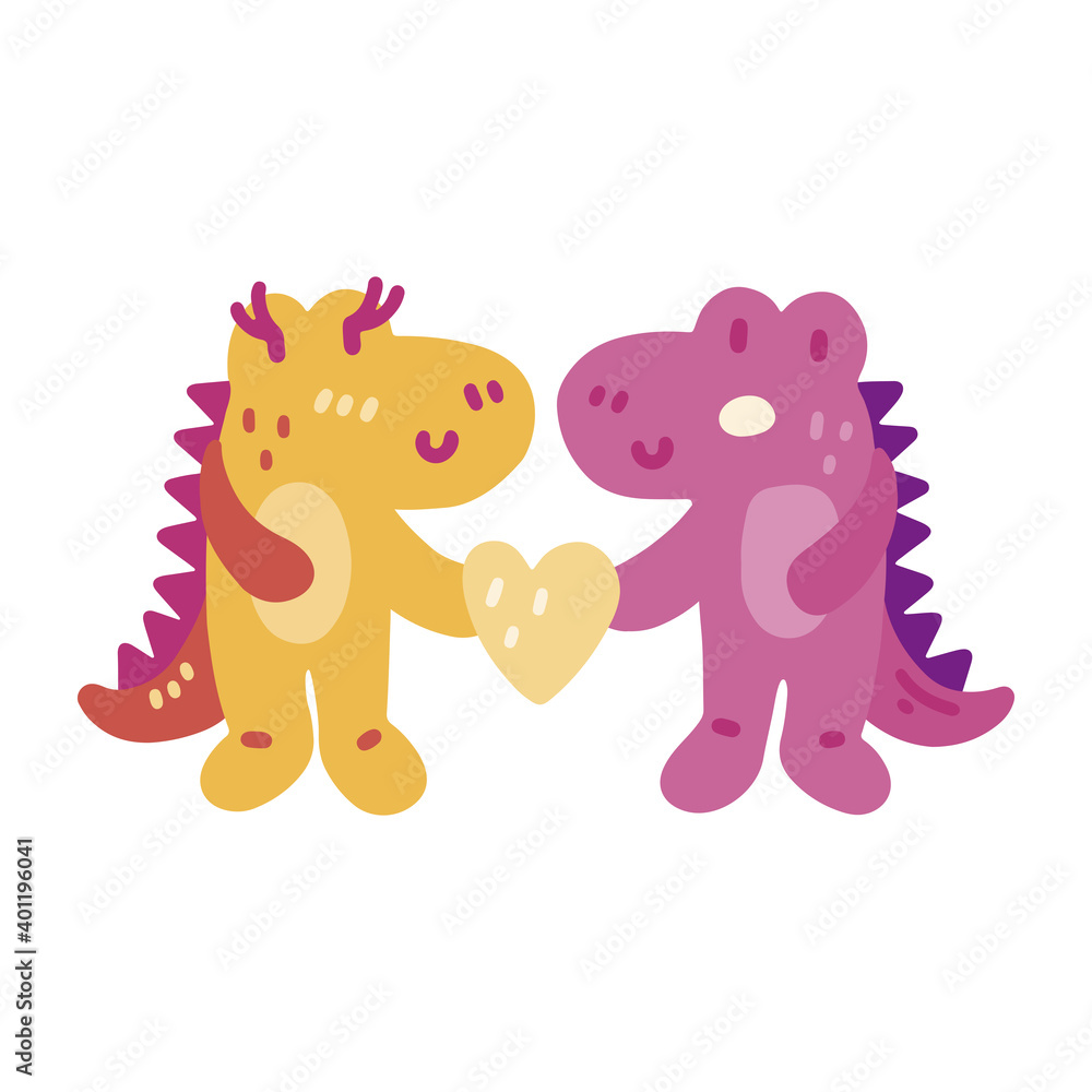 Fototapeta premium Cute colorful vector doodle with dinosaurs in love. Hand drawn dinosaurs with heart. Vector template for card, postcard, banner, poster, sticker and social media