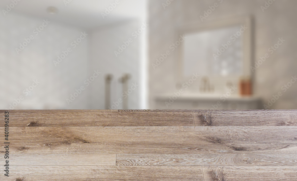 Freestanding bath with towels in grey modern bathroom. 3D rendering.. Abstract blur phototography. wooden table on blurred background. Freestanding bath with towels in grey modern bathroom. 3D rendering.. Abstract blur phototography. wooden table on blurred background.