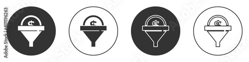 Black Lead management icon isolated on white background. Funnel with money. Target client business concept. Circle button. Vector.