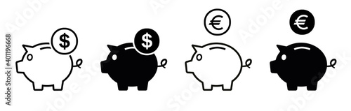 Piggybank set vector icons. Pig bank with dollar and euro coin. Money box symbol. Vector illustration.