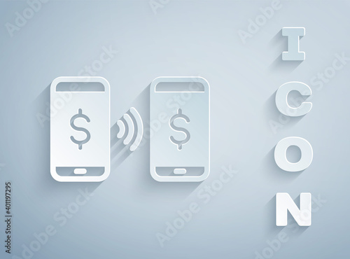 Paper cut Money payment transfer in mobile icon isolated on grey background. Concept of fast pay by purchase. Sending and receiving money. Paper art style. Vector.