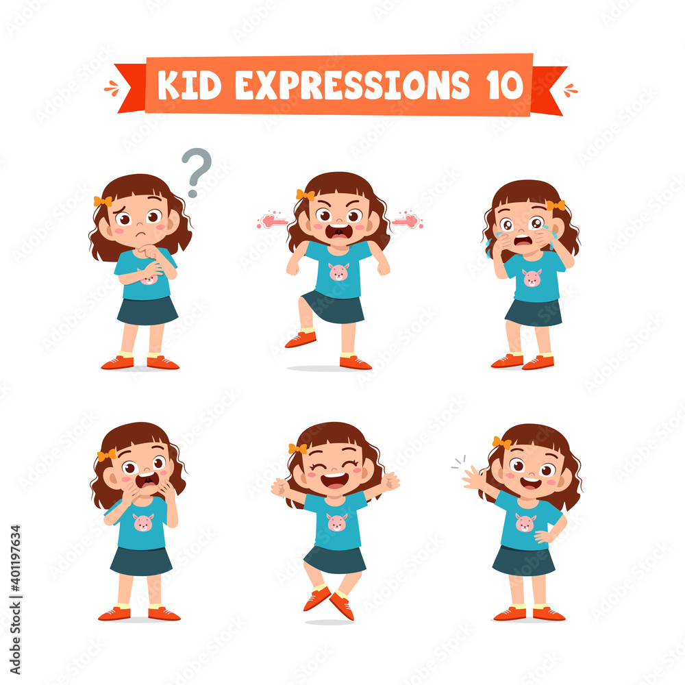 cute little kid girl in various expressions and gesture set cute little kid girl in various expressions and gesture set