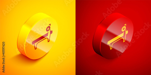 Isometric Bench with barbel icon isolated on orange and red background. Gym equipment. Bodybuilding, powerlifting, fitness concept. Circle button. Vector.