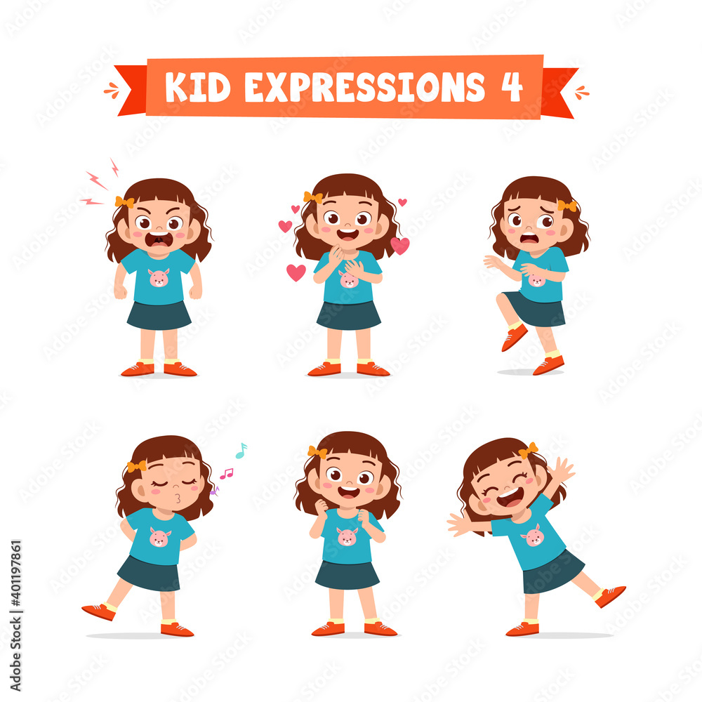 cute little kid girl in various expressions and gesture set