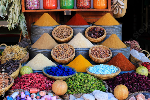 Variety of colorful spices in oriental market