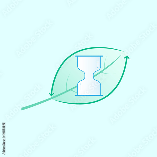 Hourglass on green leaf with renewable arrow symbol as a gimmick of sustainability and eco-friendly. Vector illustration outline flat design style.