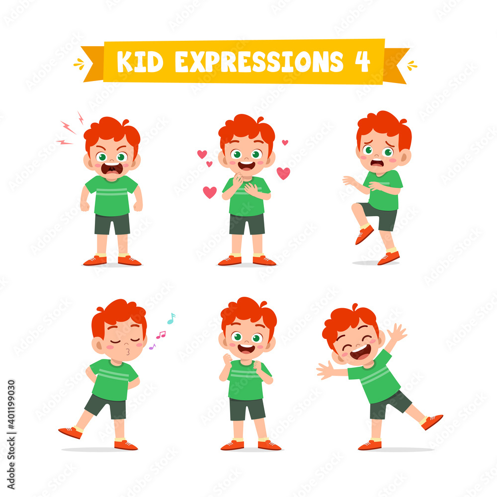 cute little kid boy in various expressions and gesture set cute little kid boy in various expressions and gesture set