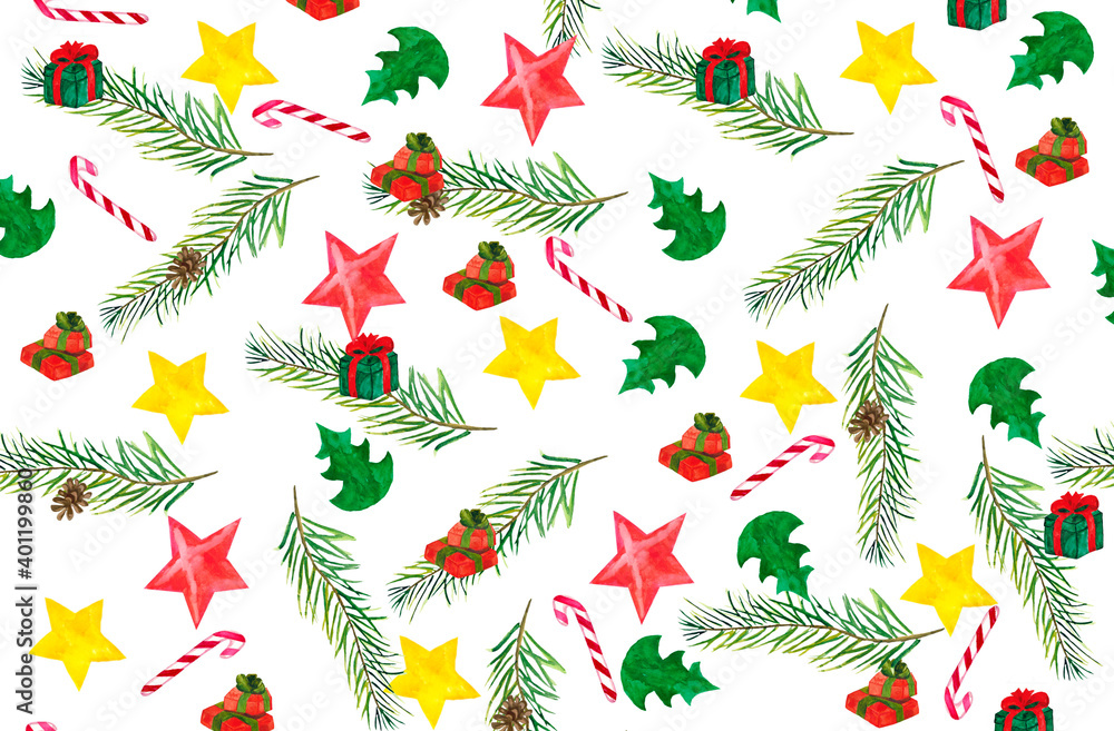 Obraz premium Watercolor illustrations of fir branches, boxes with gifts, stars and Christmas trees on a white background for your design