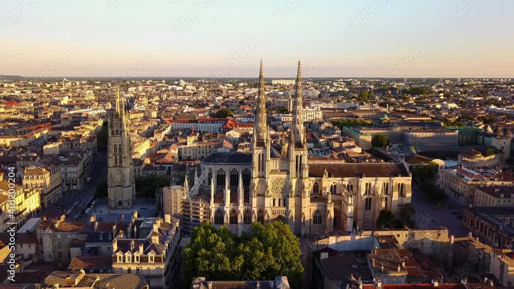 Cathedral in downtown Bordeaux France as seen from a drone's perspective. Cathedral in downtown Bordeaux France as seen from a drone's perspective.