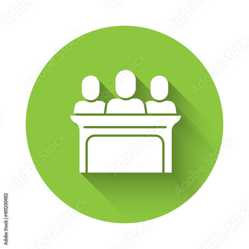 White Jurors icon isolated with long shadow. Green circle button. Vector.