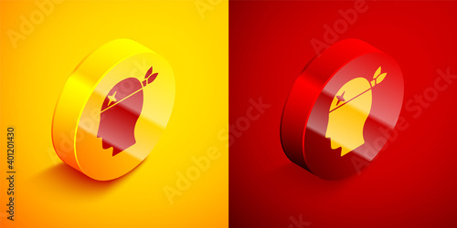 Isometric Pirate captain icon isolated on orange and red background. Circle button. Vector.