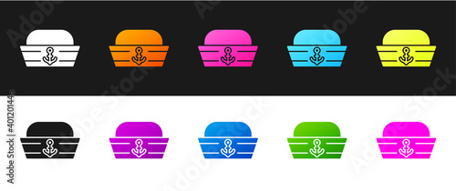 Set Sailor hat icon isolated on black and white background. Vector.