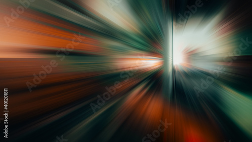 Abstract big data, speed, colorful fibers, rays background in orange and cyan color. 3D tunnel illustration